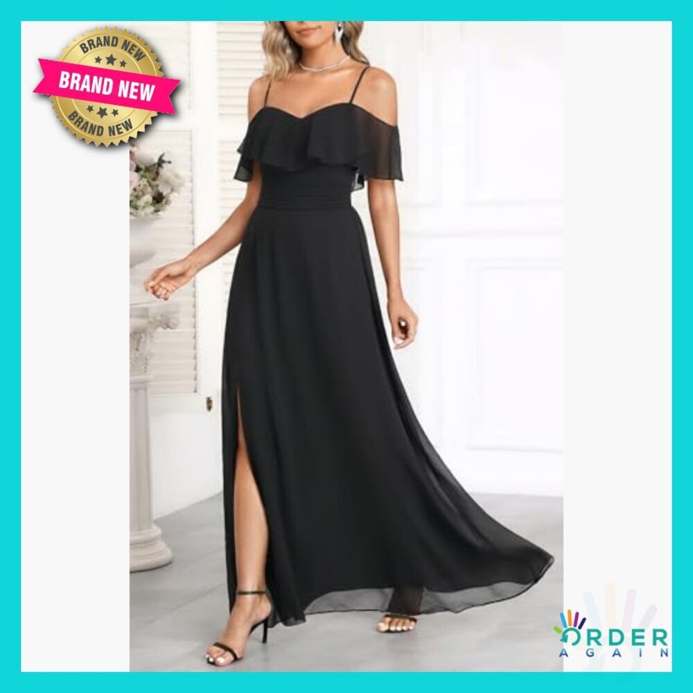 Elegant Off Shoulder Formal Dress A-Line Silhouette Chiffon Wedding Guest - Picture 2 of 7